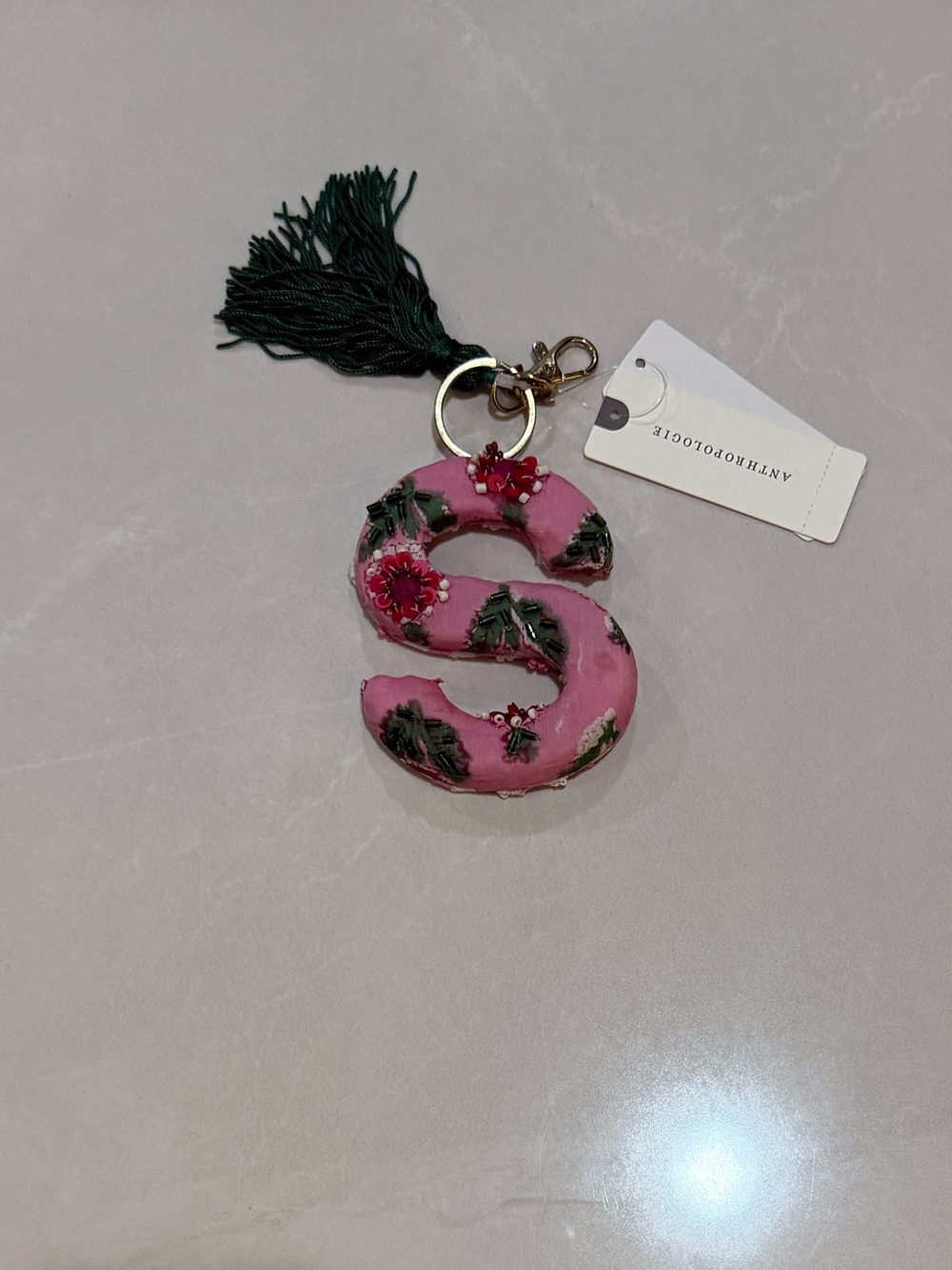 Anthropologie Pink beaded Floral 'S' initial Tassel Key holder keychain